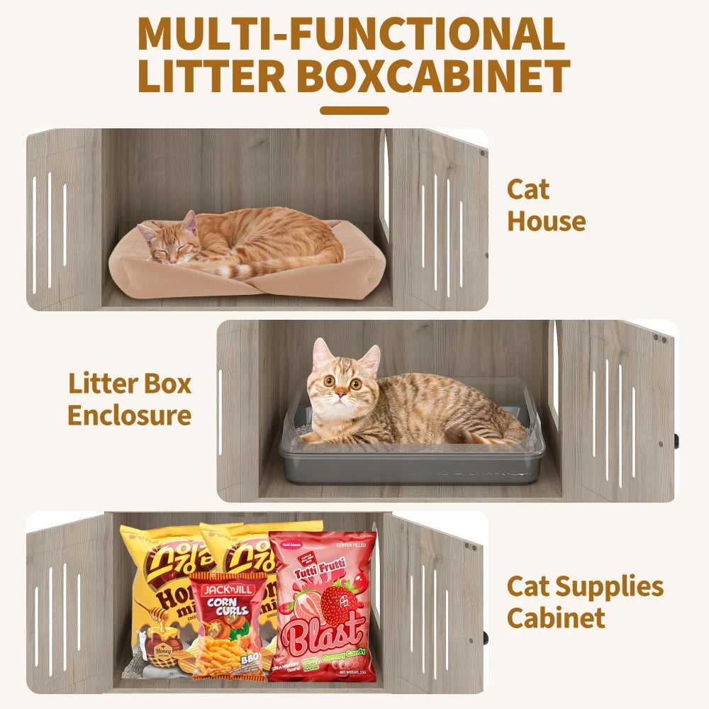 HiMISSCN Cat Tree With Litter Box Enclosure And Storage Cabinet