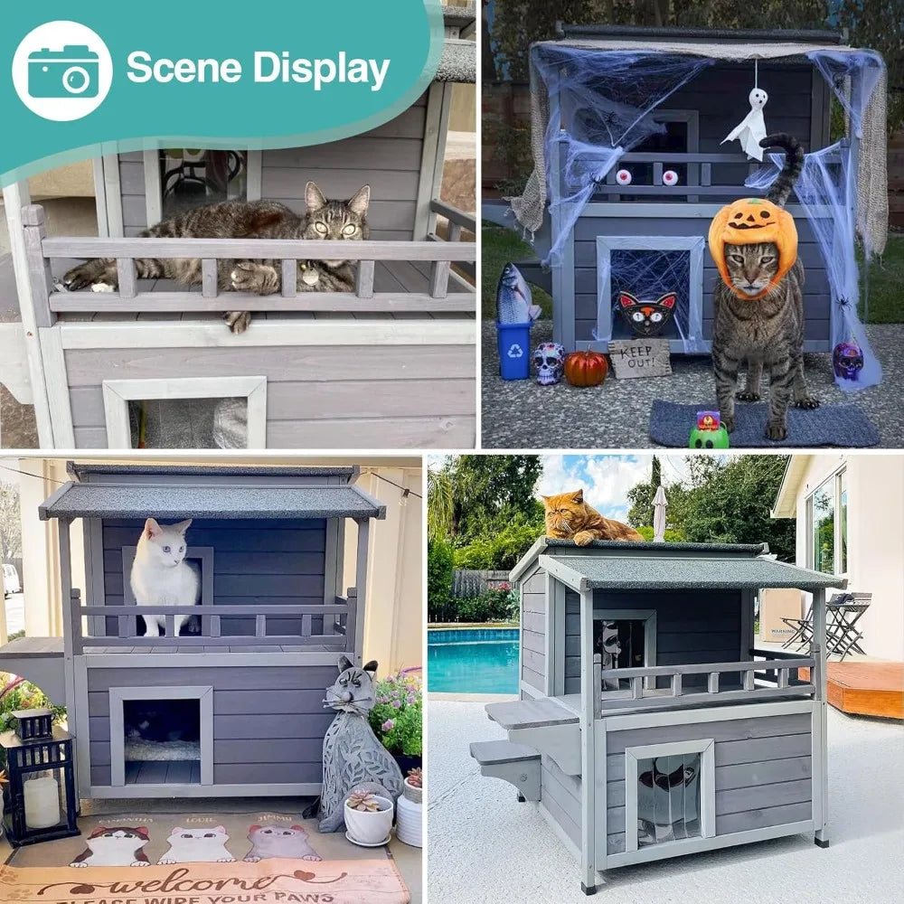 Outdoor Cat House Weatherproof Wooden Two Story Shelter With Balcony