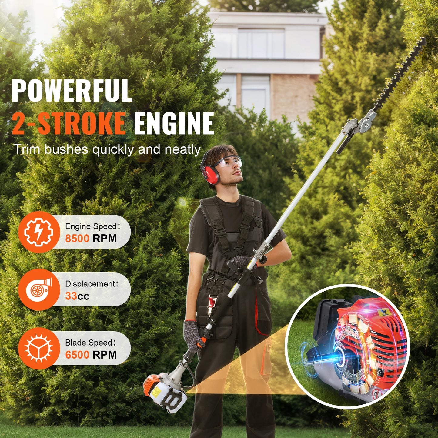 SucceBuy 33cc 6 In 1 Gas Trimmer Hedge Cutter Pole Saw Chainsaw