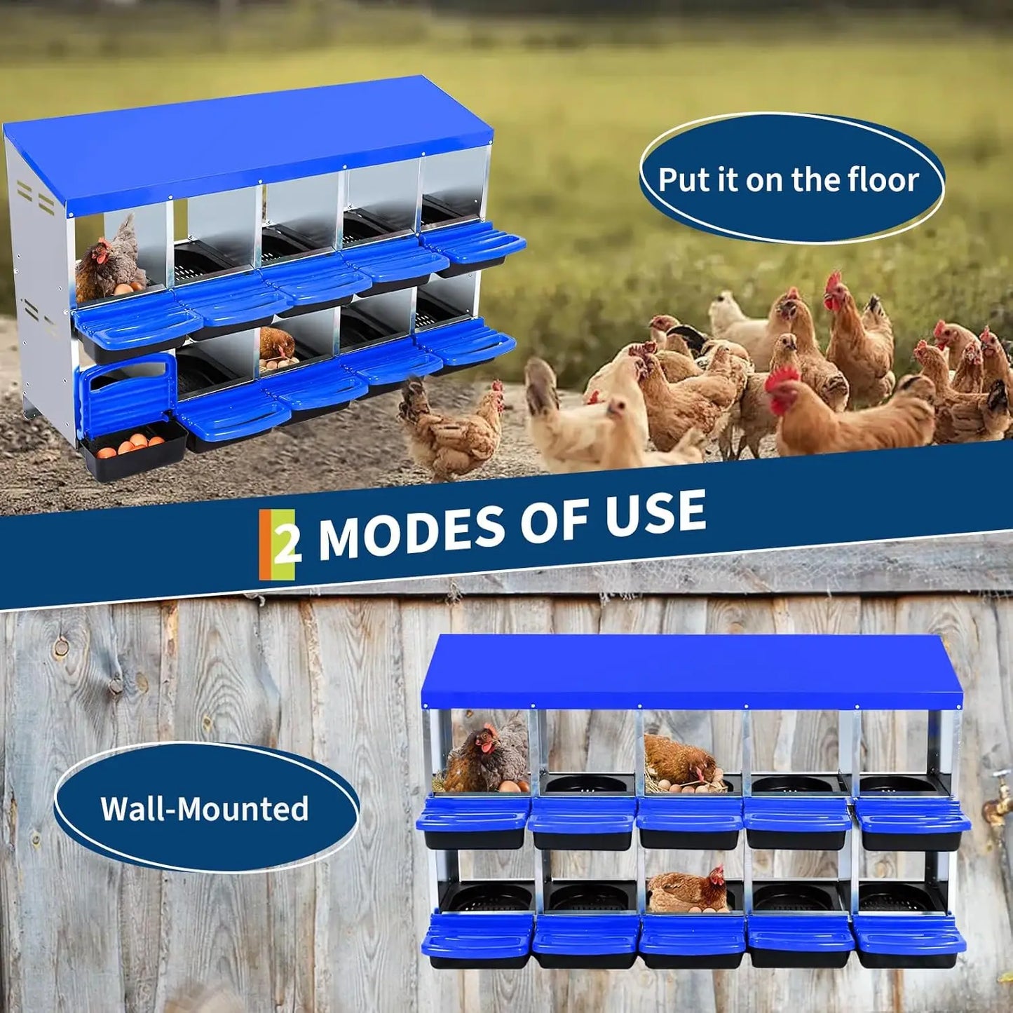 HiMISS 10 Compartment Chicken Nesting Box With Egg Collection