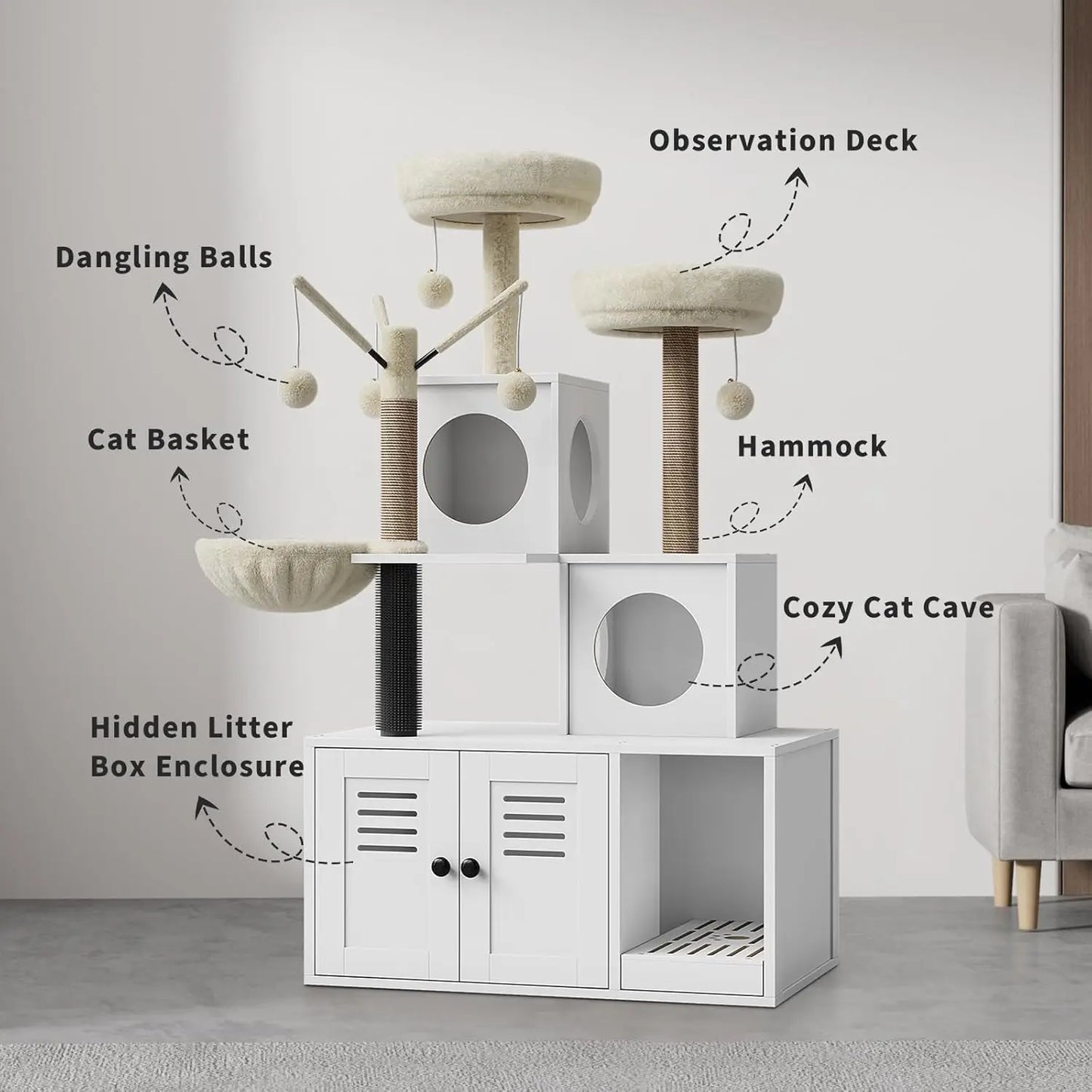 HiMISSCN Litter Box Enclosure Cat Tree 2 In 1 Hideaway