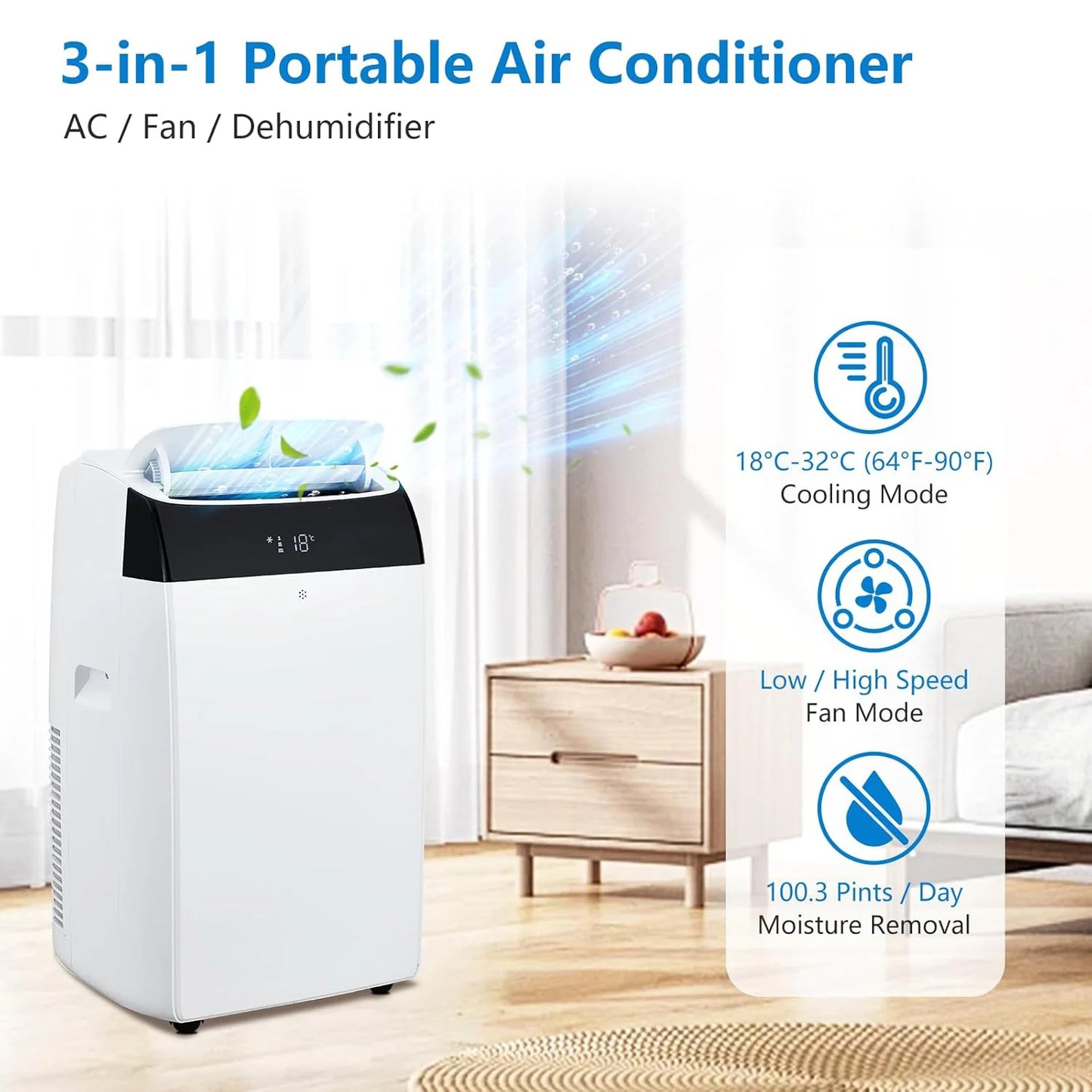 Adoolla 3in1 Portable Air Conditioner With Dehumidifier And Remote