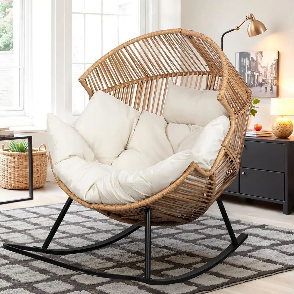 LISM Wicker Rocking Egg Chair PE Rattan With Cushion For Indoor Outdoor
