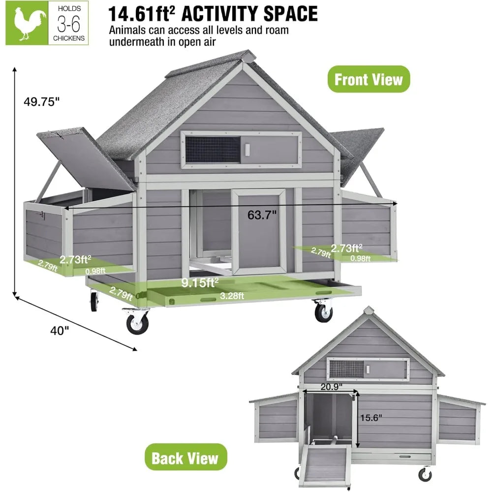 DAFIFY Mobile Chicken Coop On Wheels With 6 Nesting Boxes