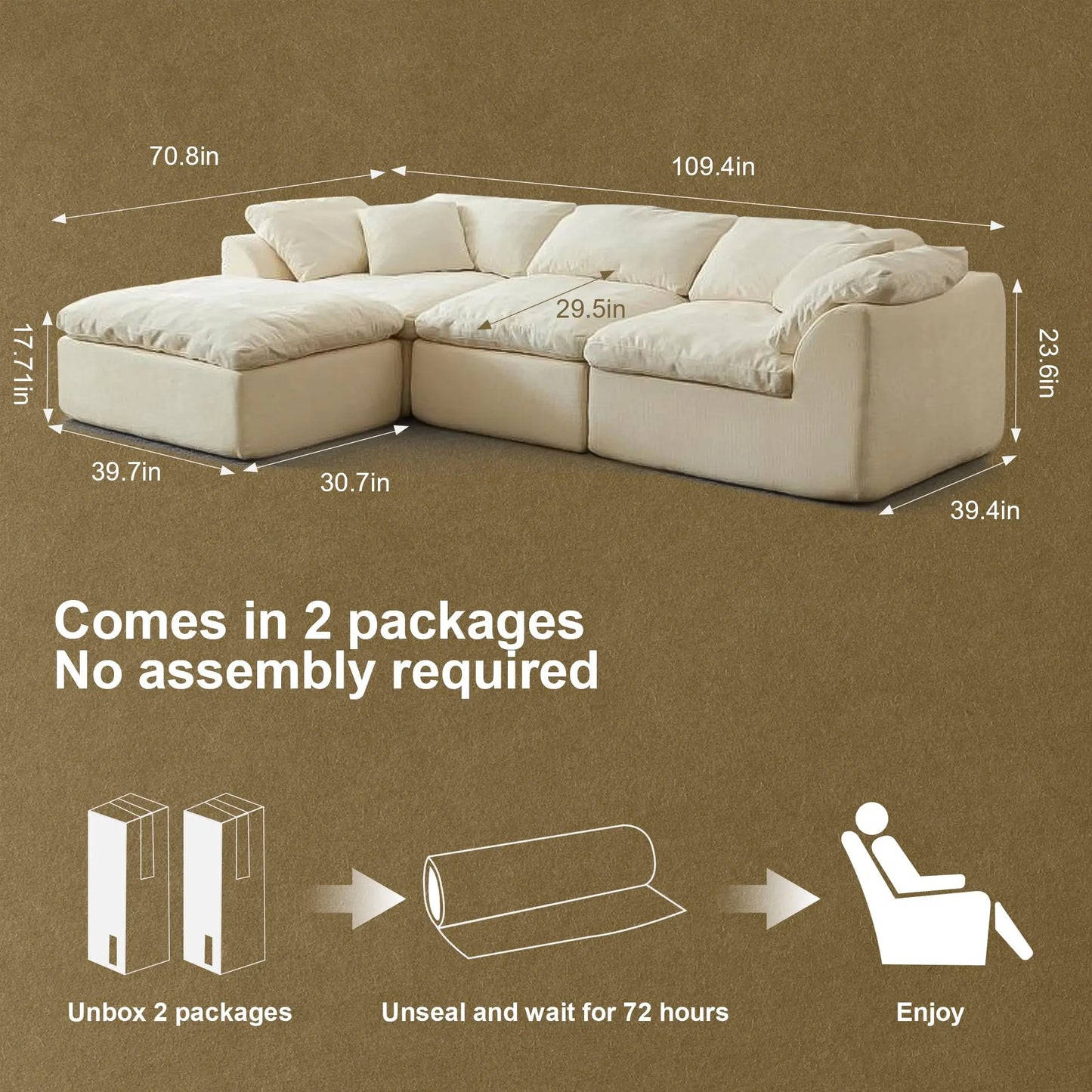 Yeflixvrau Modern Cloud L Shaped 3 Seater Chenille Sofa