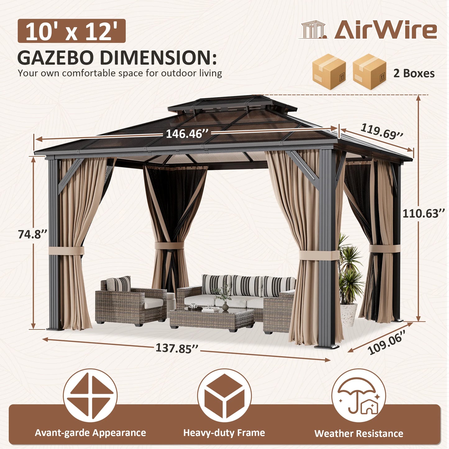 VIWAT Hardtop Gazebo Aluminum Frame Polycarbonate Roof Netting Curtains