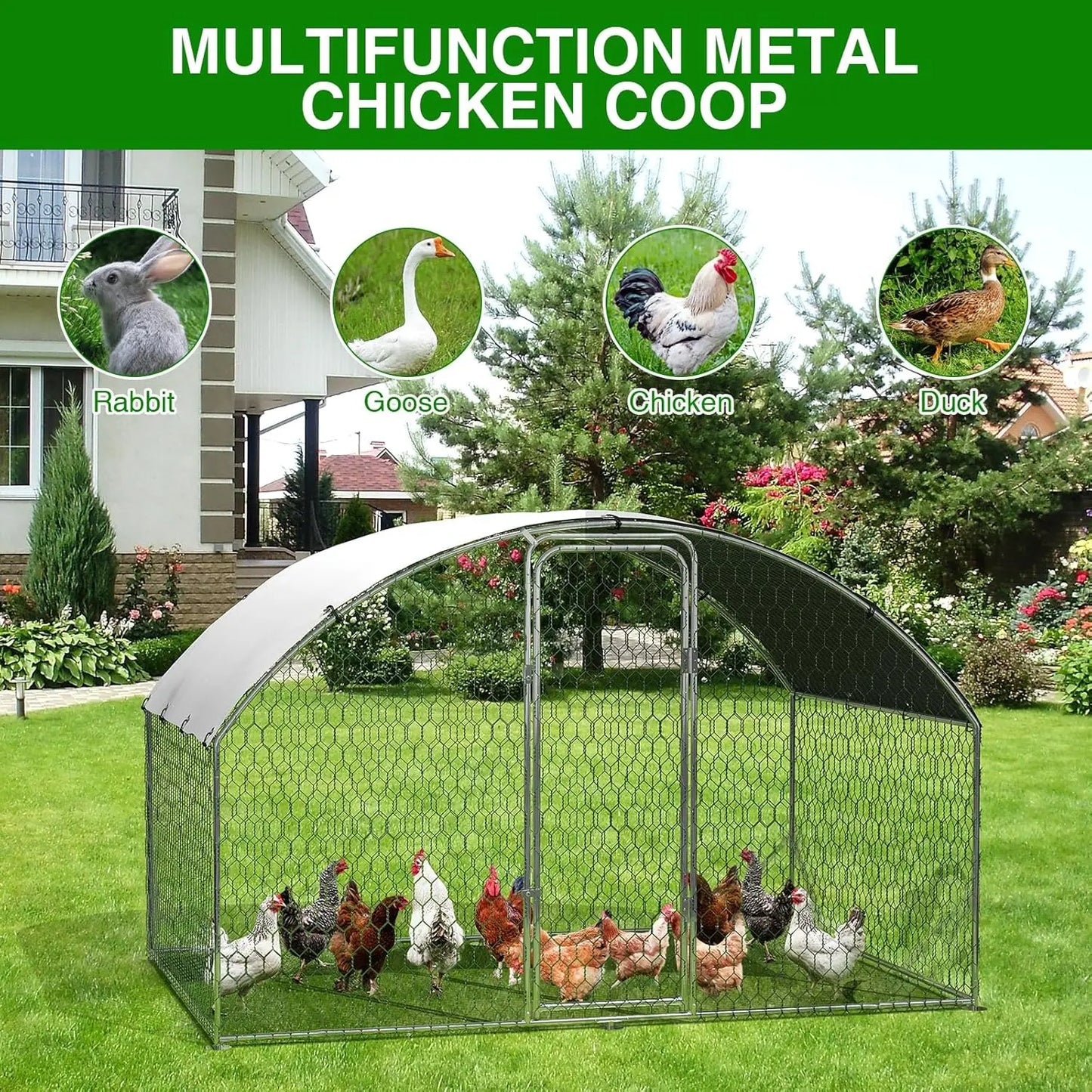 HiMISSFarm Metal Chicken Coop Walk In Poultry Cage Outdoor