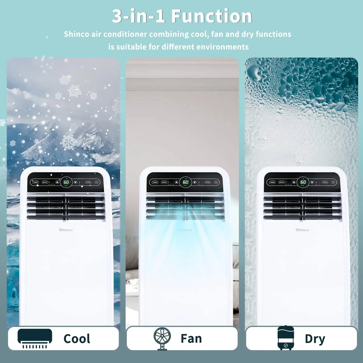 Shinco Portable Air Conditioner with Built-In Dehumidifier and Fan Modes
