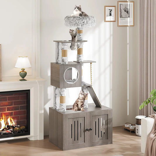 HiMISS Multi-Level Cat Tree With Enclosed Litter Box Capsule Nest