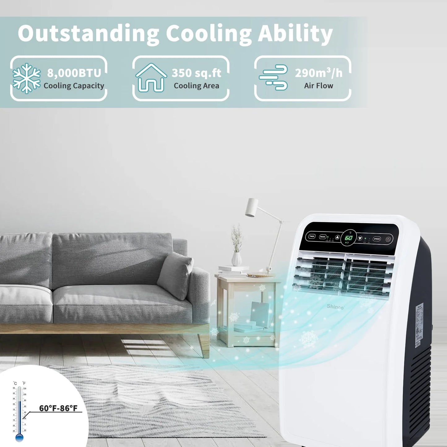 Shinco Portable Air Conditioner with Built-In Dehumidifier and Fan Modes