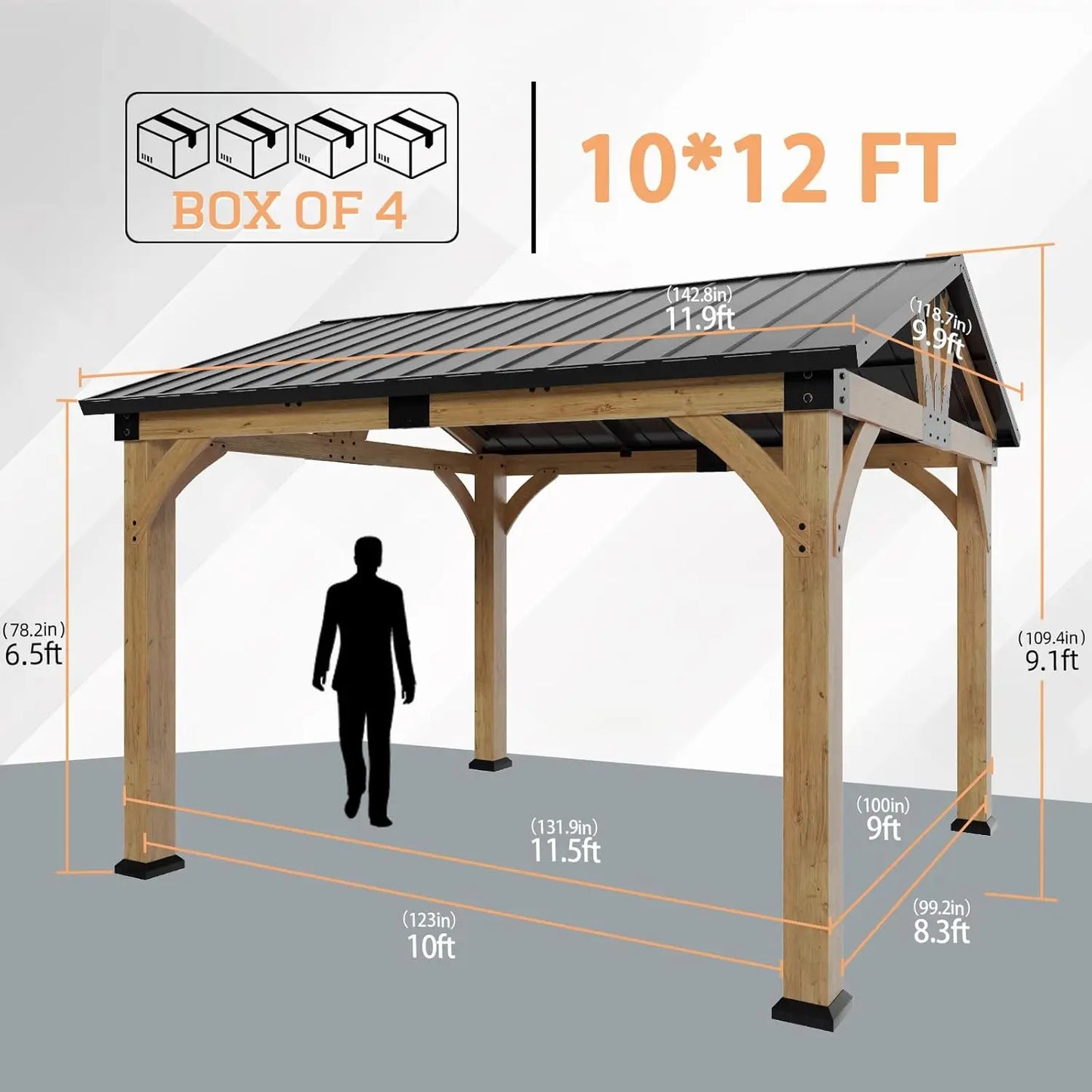Wood Gazebo Hardtop Galvanized Steel Peak Roof Outdoor Pavilion