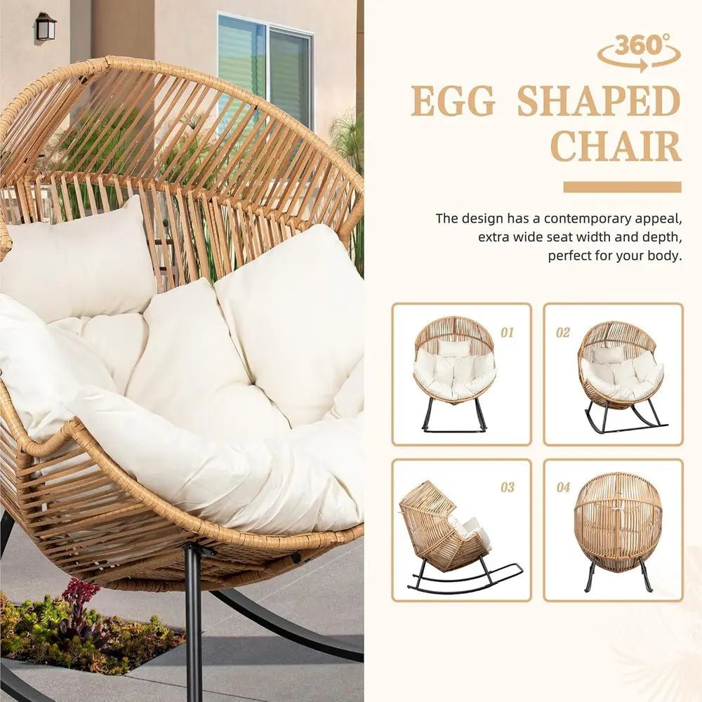 LISM Wicker Rocking Egg Chair PE Rattan With Cushion For Indoor Outdoor