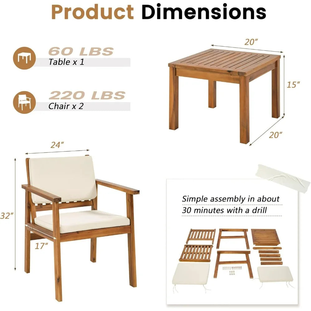 Acacia Wood 3 Piece Patio Set With Coffee Table Cushions