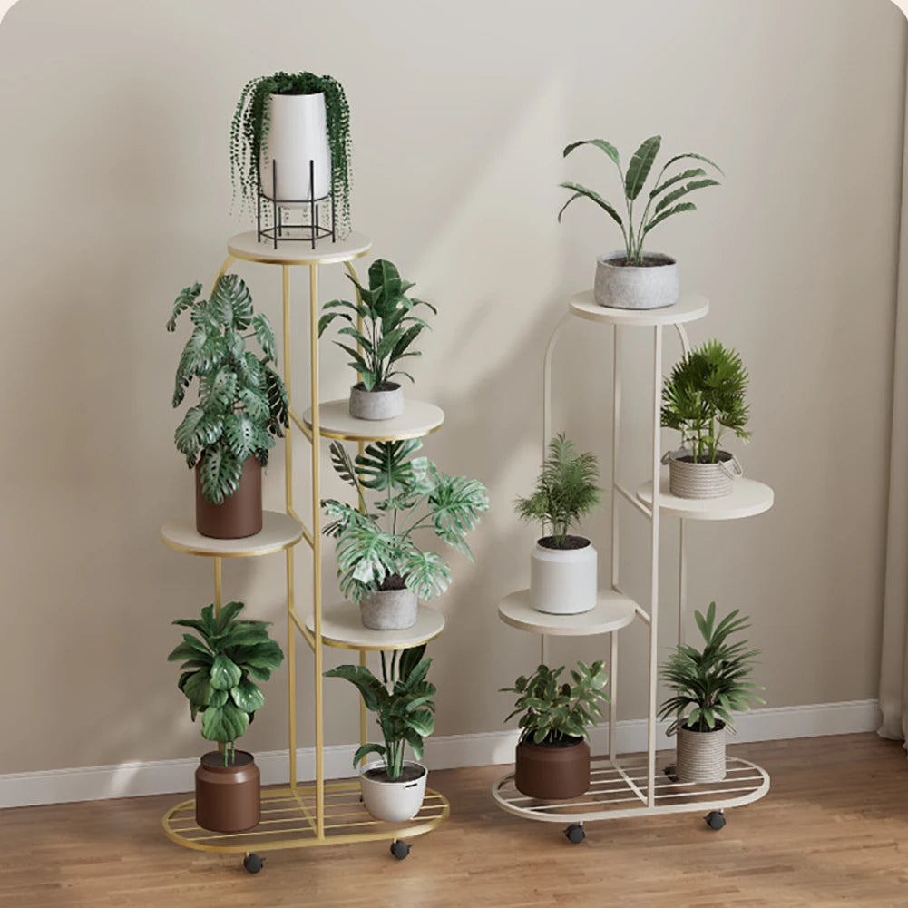 TWISTER.CK Wrought Iron Five Tier Corner Plant Stand With Wheels