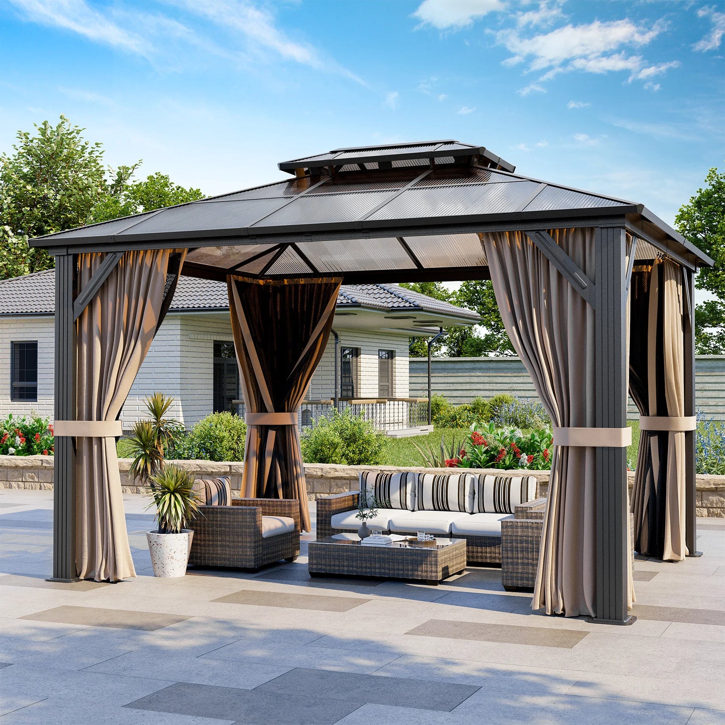 VIWAT Hardtop Gazebo Aluminum Frame Polycarbonate Roof Netting Curtains