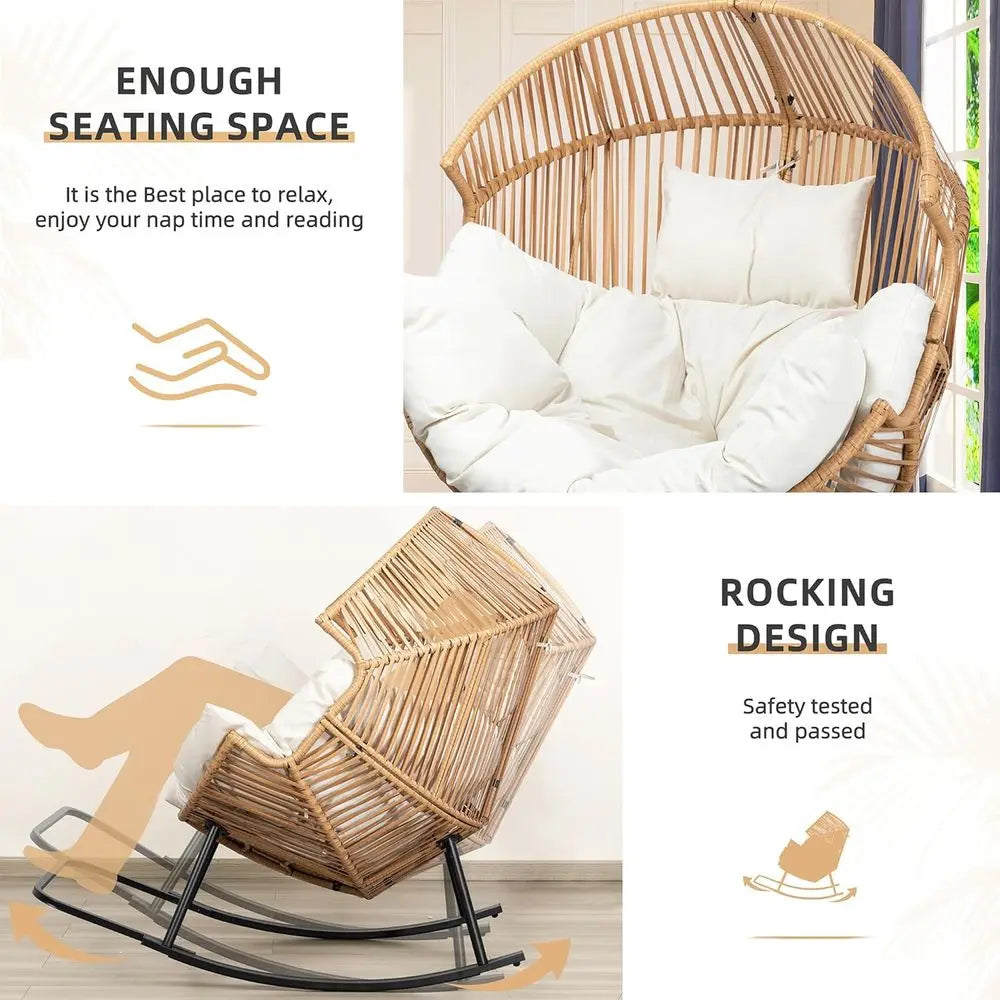 LISM Wicker Rocking Egg Chair PE Rattan With Cushion For Indoor Outdoor