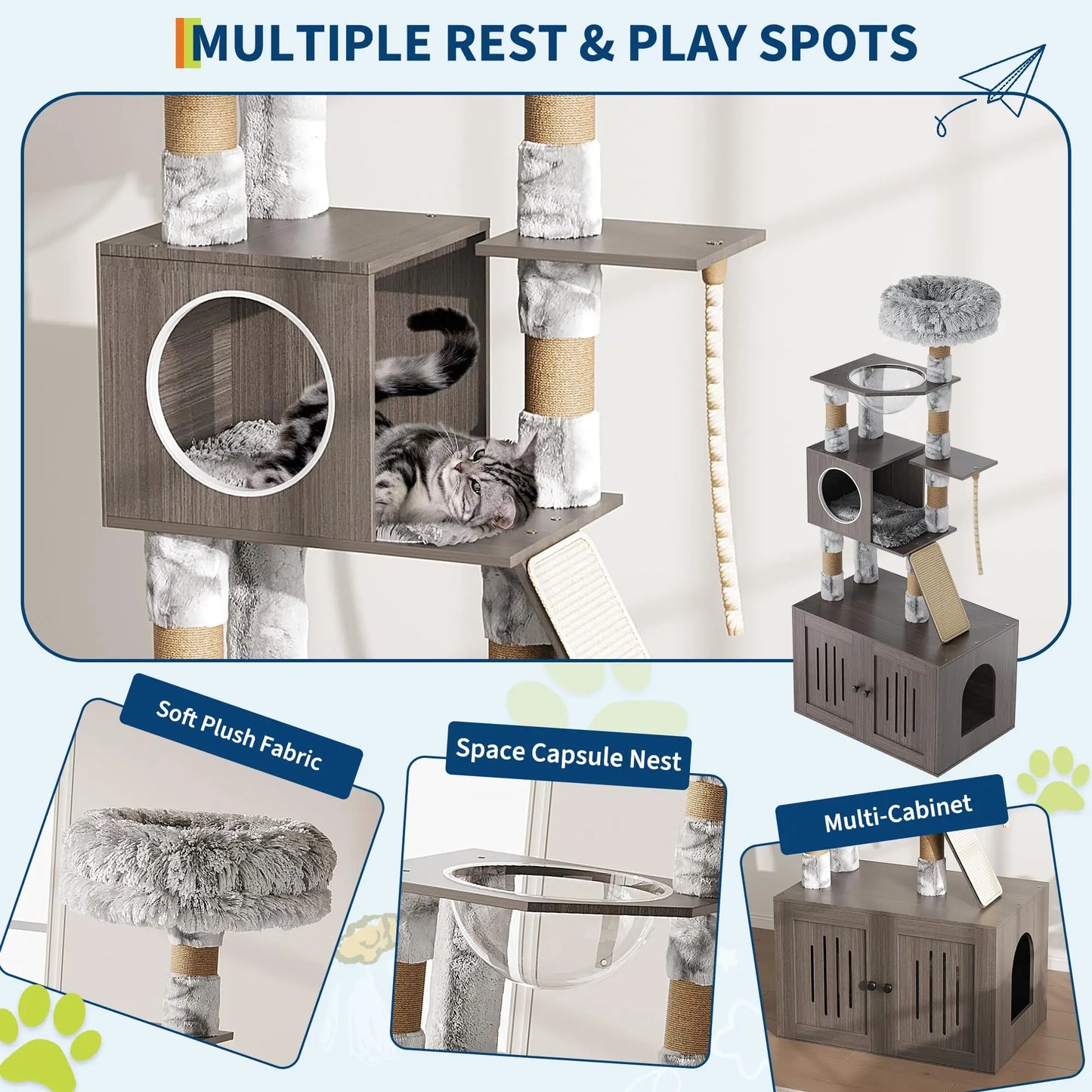 HiMISS Multi-Level Cat Tree With Enclosed Litter Box Capsule Nest