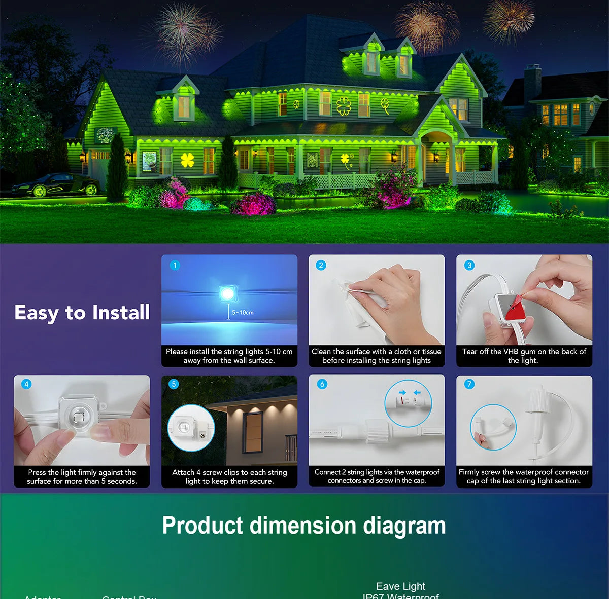 MIMIRGB Outdoor Eaves LED Light String Waterproof Bluetooth Smart DIY Modes