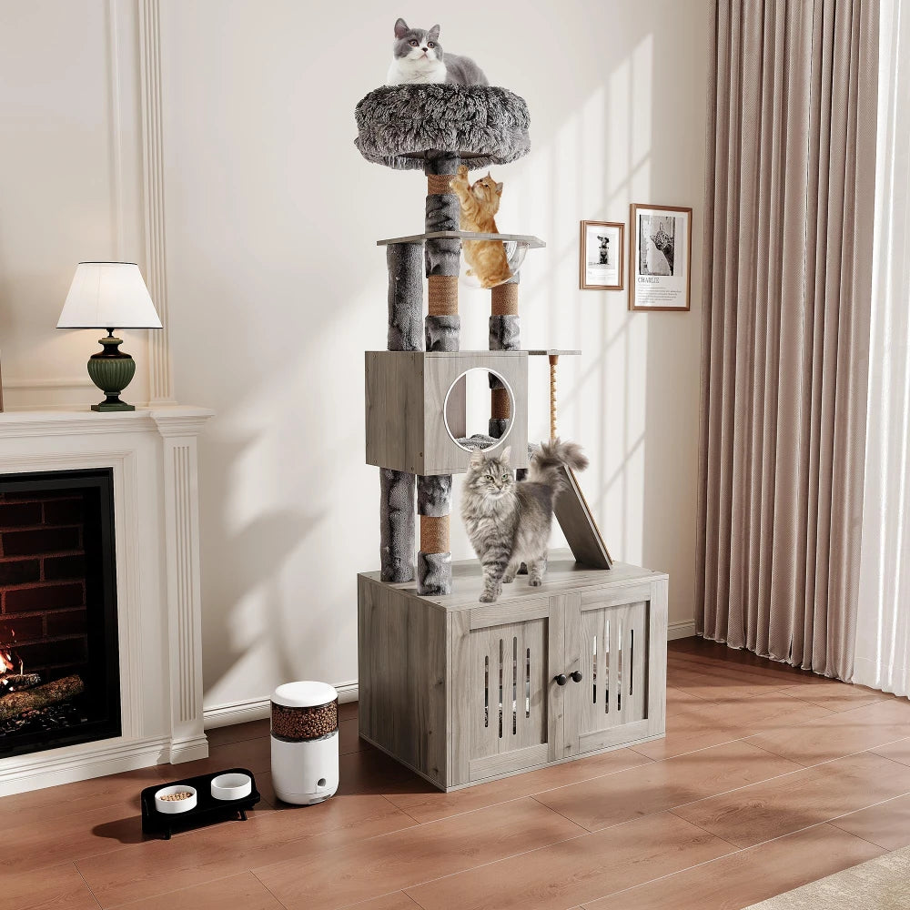 HiMISSCN Cat Tree With Litter Box Enclosure And Storage Cabinet