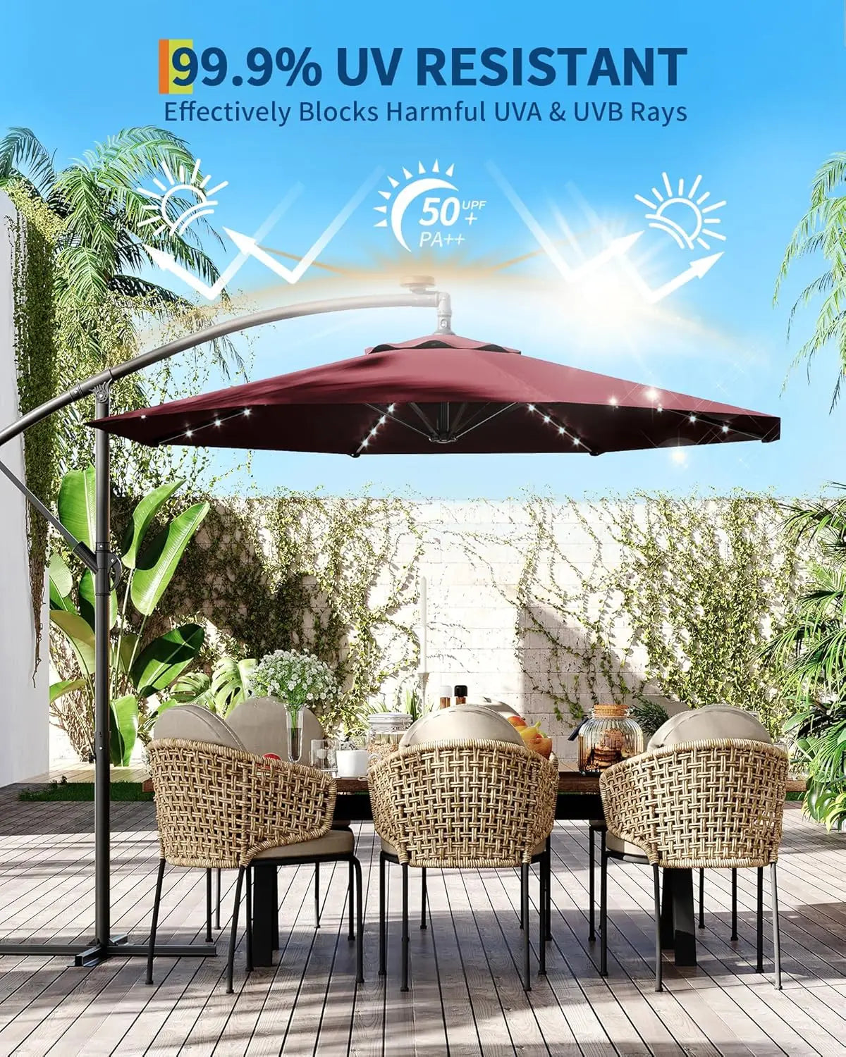 Cantilever Outdoor Umbrella With Solar LED Lights UV Protection