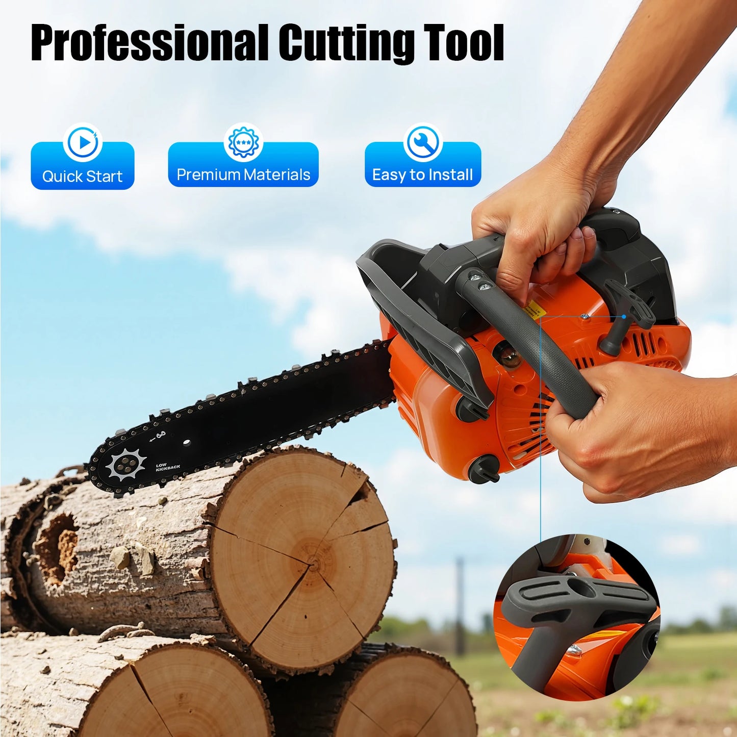 Top Handle Chainsaw 25.4cc Gasoline Two Stroke Engine Woodcutting Tool