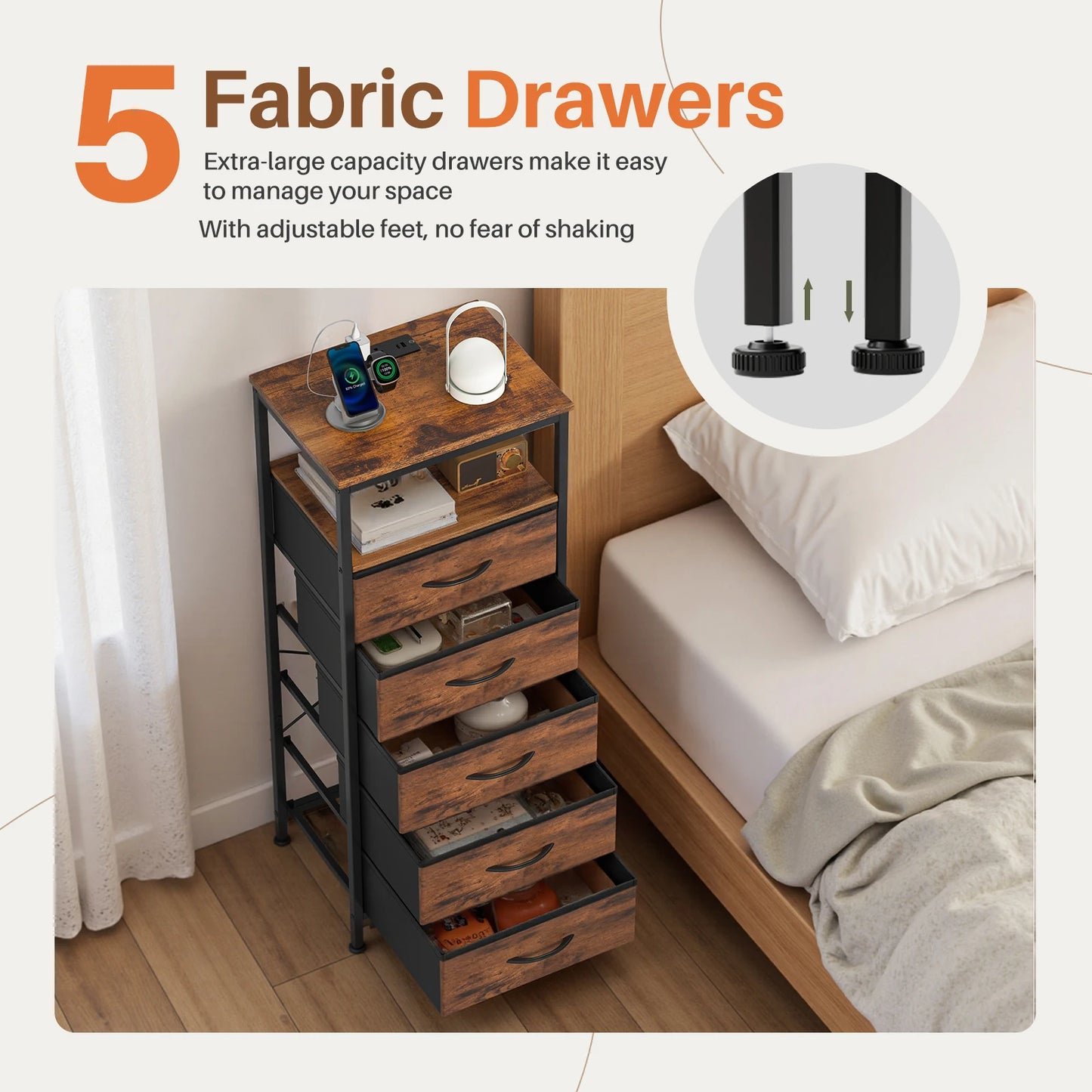JHK 5 Drawer Nightstand With USB Type C Charging Station Bedside Table