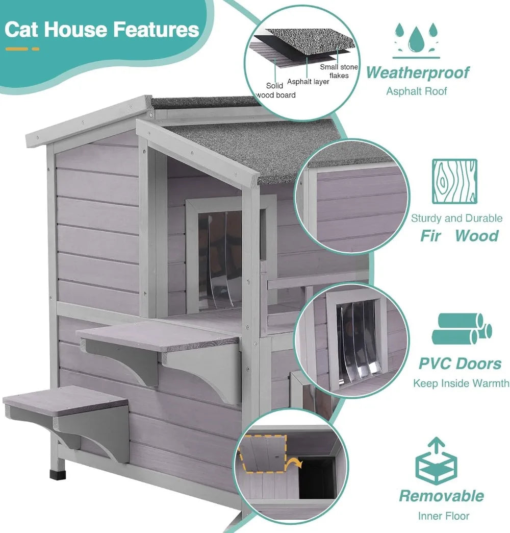 Outdoor Cat House Weatherproof Wooden Two Story Shelter With Balcony