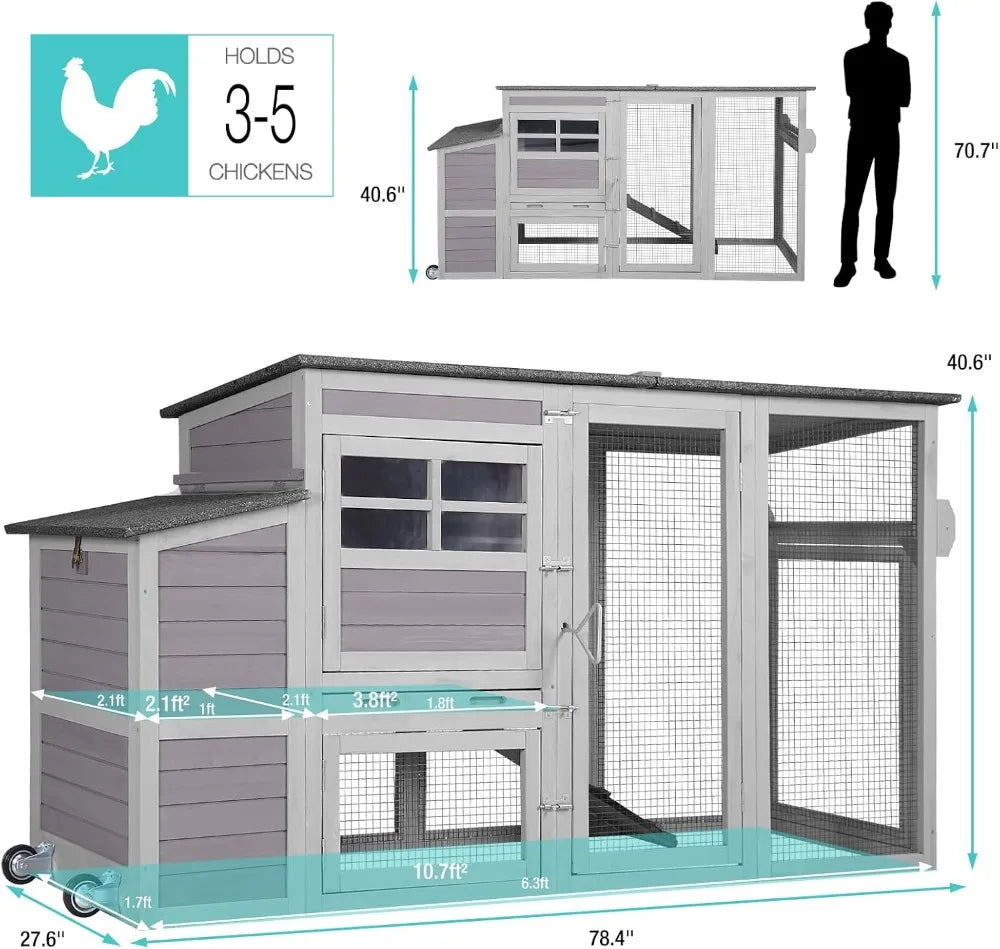 Outdoor Chicken Coop With Wheels Waterproof Roof Nesting Box