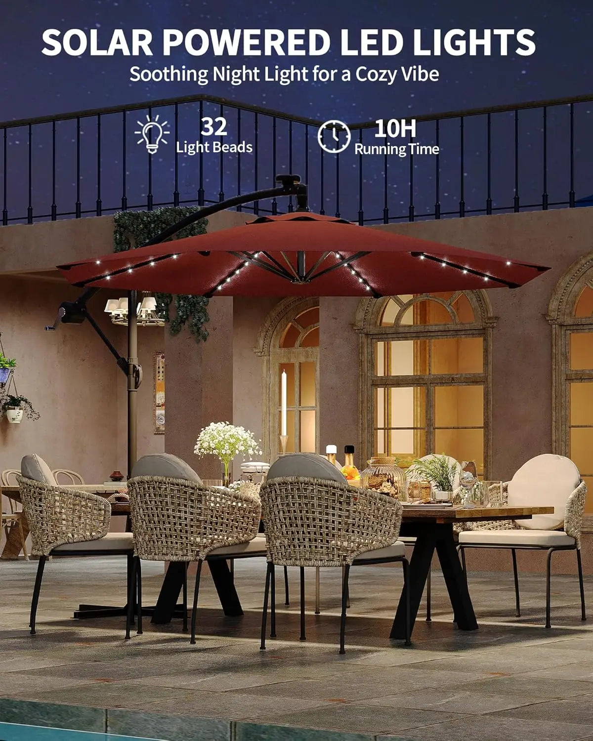 Cantilever Outdoor Umbrella With Solar LED Lights UV Protection