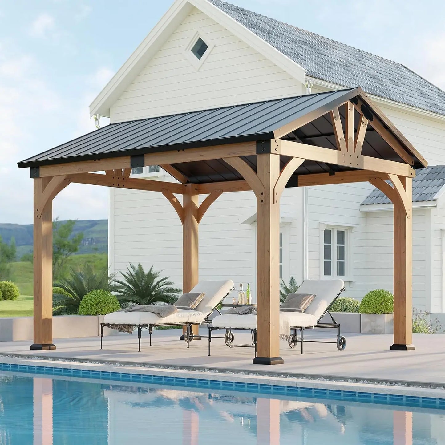 Wood Gazebo Hardtop Galvanized Steel Peak Roof Outdoor Pavilion