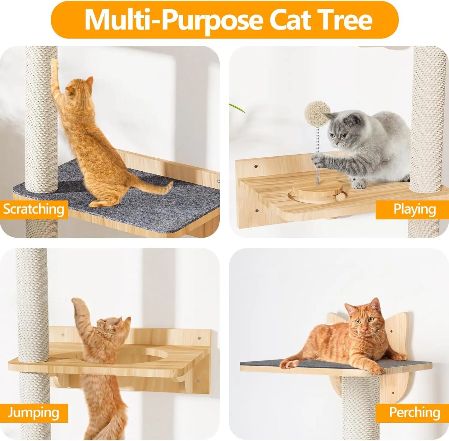 Wall-Mounted Cat Tree With Sisal Scratching Post Shelves Toy Ball