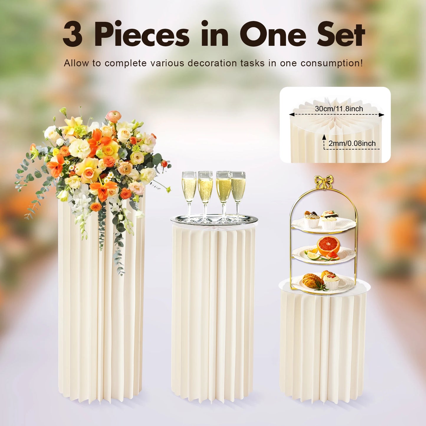 Three Piece Wedding Flower Stand Set Foldable Cardboard Dessert Centerpieces