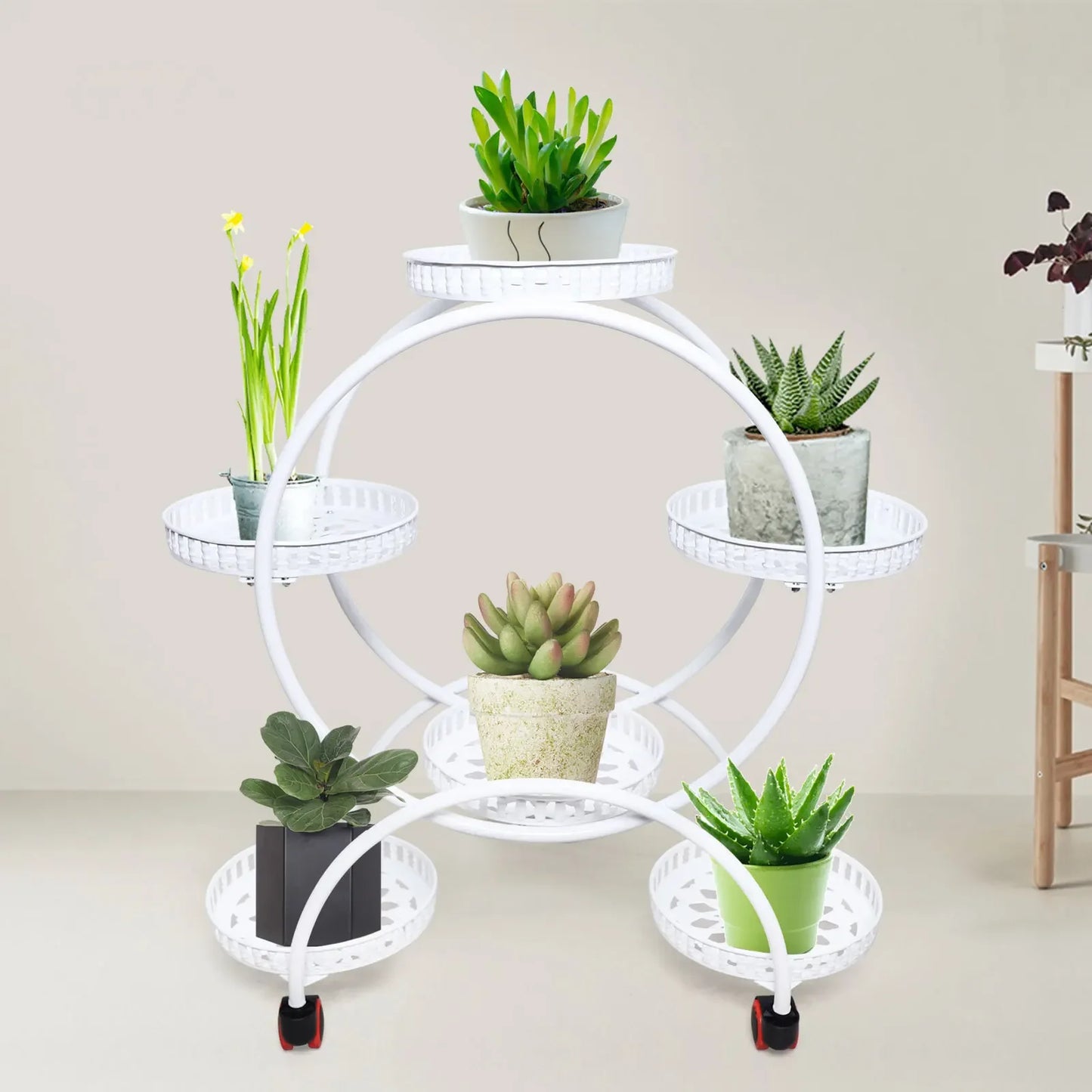 Metal Plant Stand With Wheels For 6 Pots Patio Outdoor