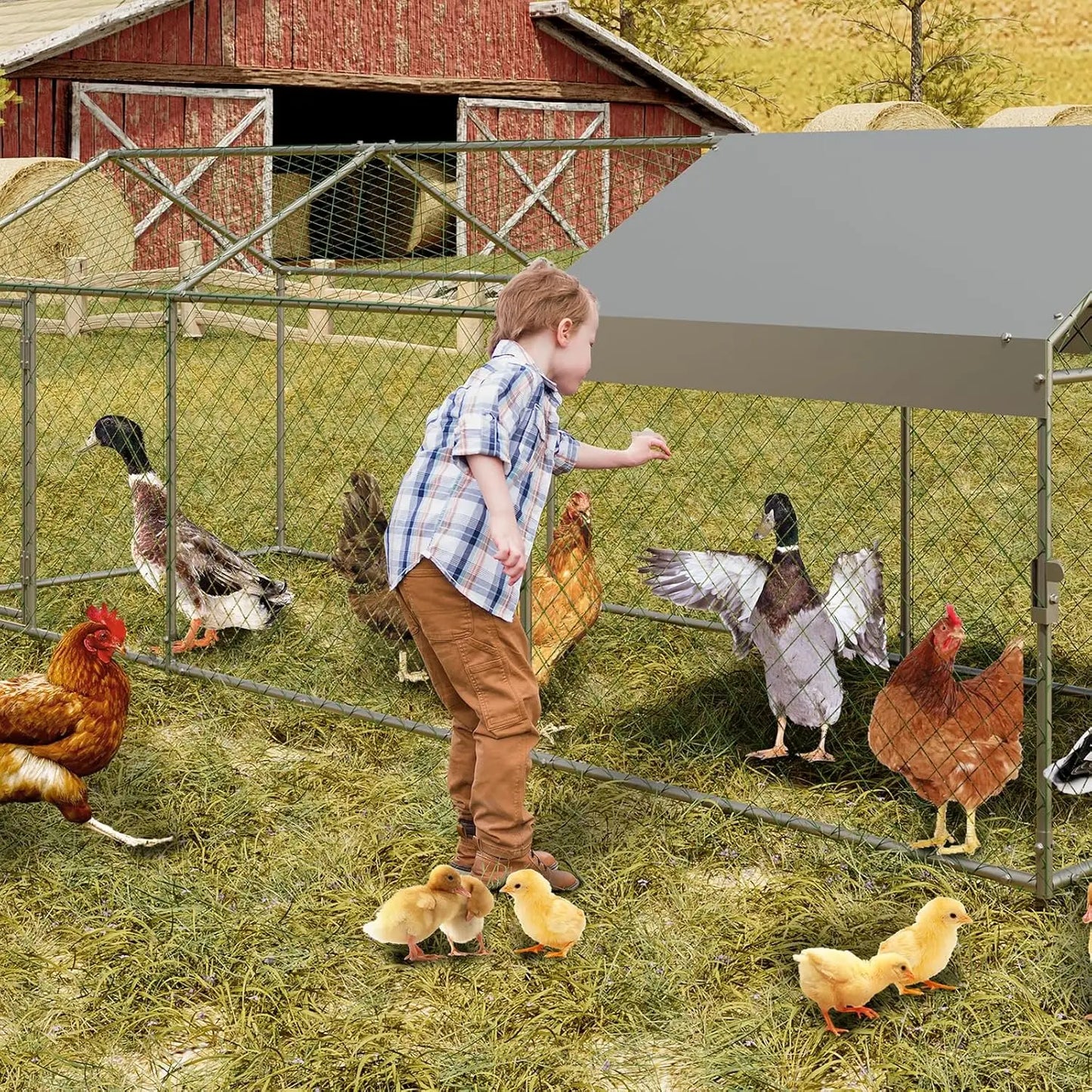 HiMISS Walk In Metal Chicken Coop With Waterproof Cover Poultry