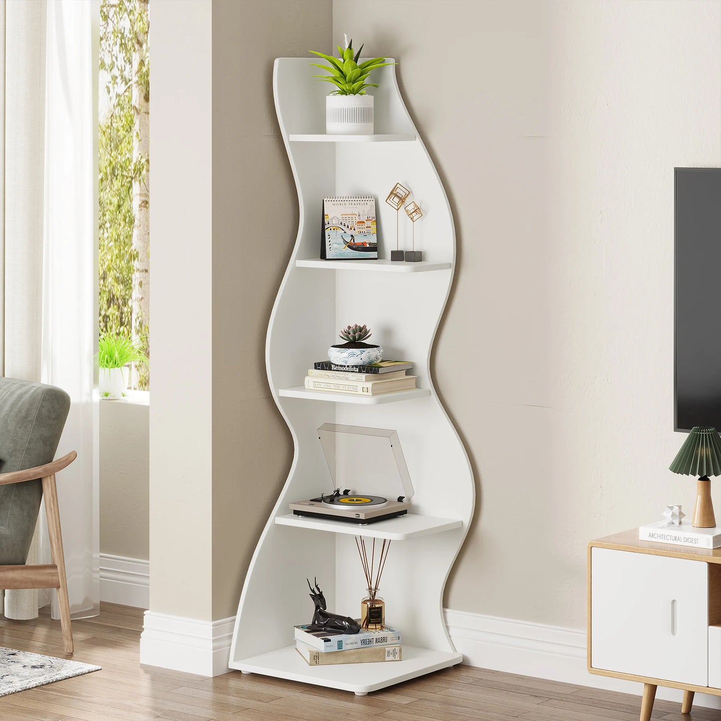 Tribesigns 5-Tier Corner Shelf Modern Wall Bookcase Plant Stand