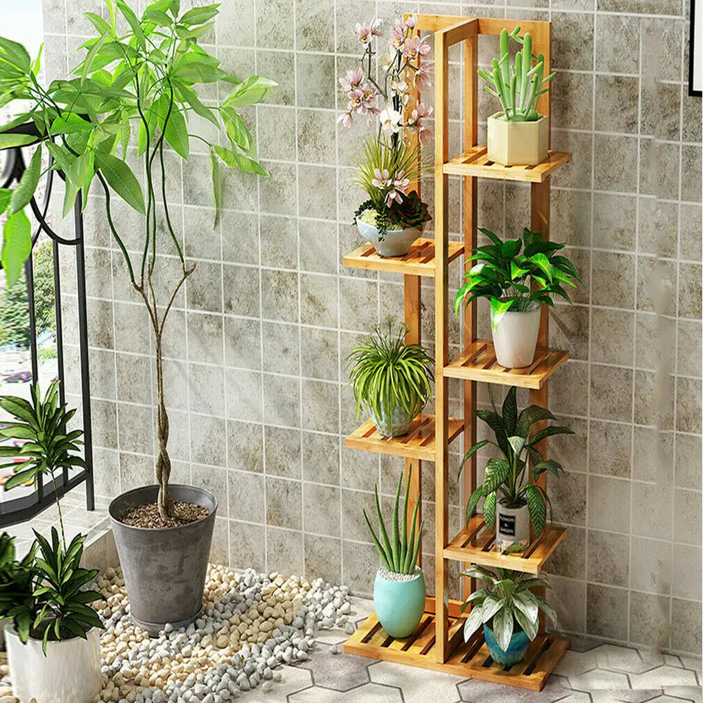 Bamboo 6 Tier Plant Stand Tower For Indoor Outdoor Corner