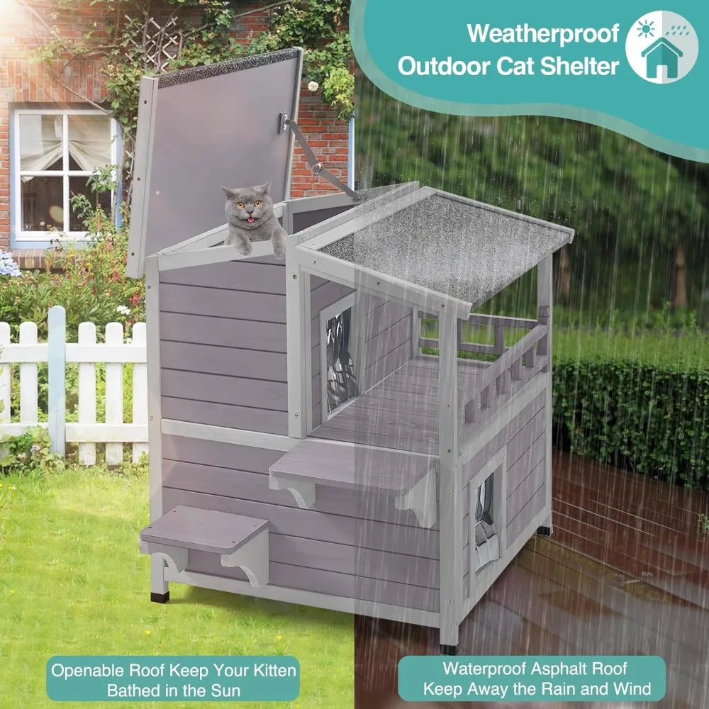 Outdoor Cat House Weatherproof Wooden Two Story Shelter With Balcony