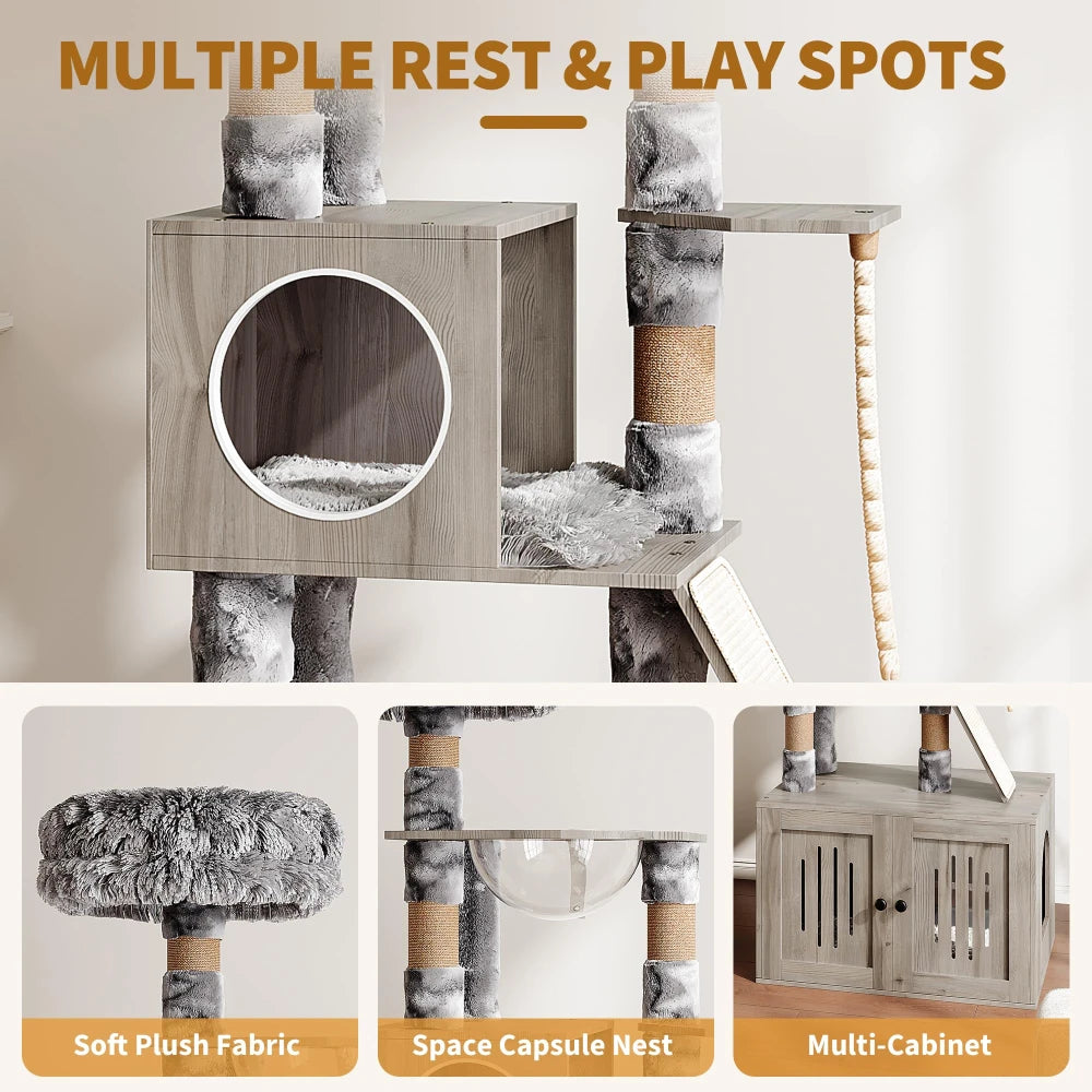 HiMISSCN Cat Tree With Litter Box Enclosure And Storage Cabinet