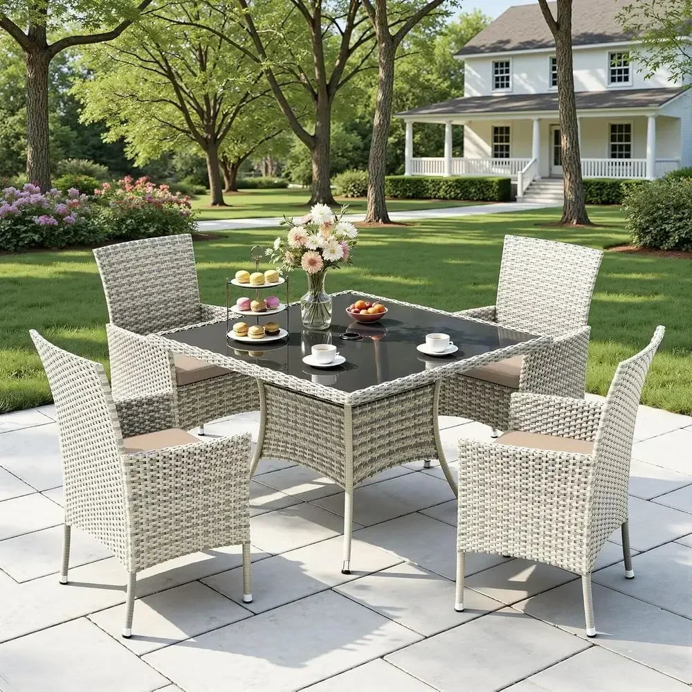 5-Piece Patio Dining Set With Glass Table And Cushioned Chairs