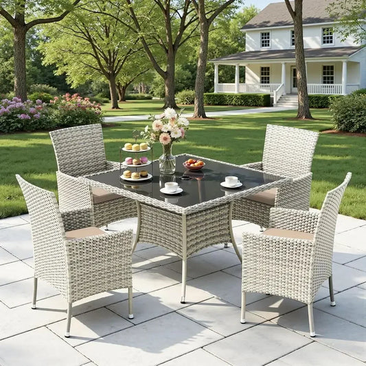 5-Piece Patio Dining Set With Glass Table And Cushioned Chairs