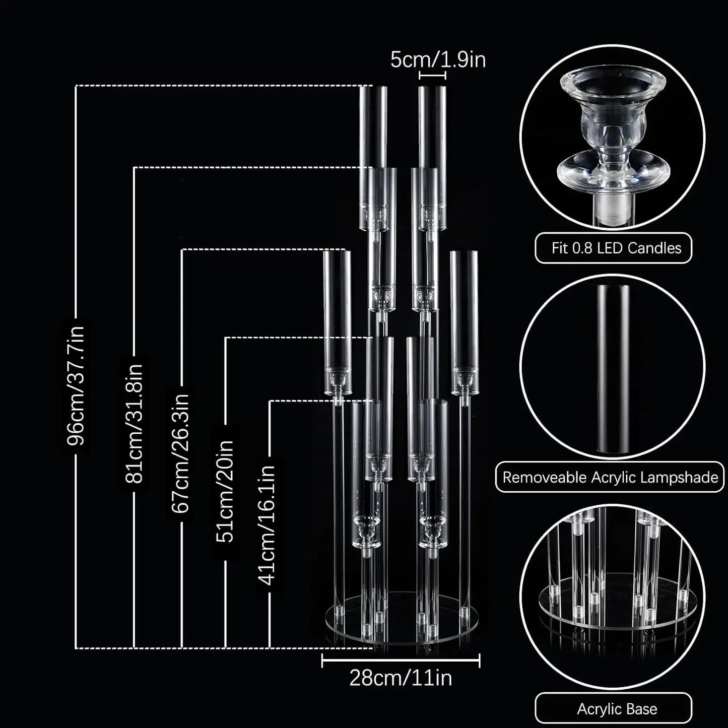 VINCIGANT 10 Arm Acrylic Candelabra Candle Holder For Wedding Tables