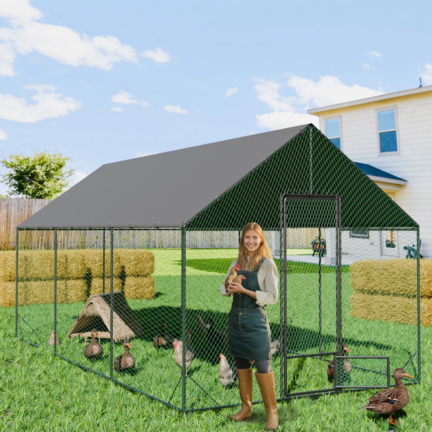 BINGOPAW Chicken Coop Walk In Poultry Run With Nylon Netting Cover