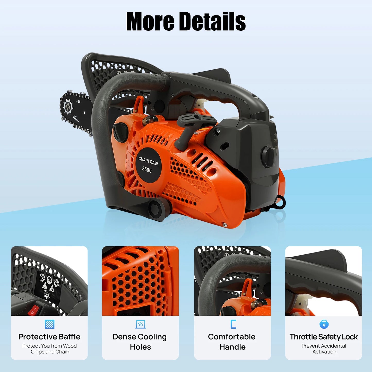Top Handle Chainsaw 25.4cc Gasoline Two Stroke Engine Woodcutting Tool
