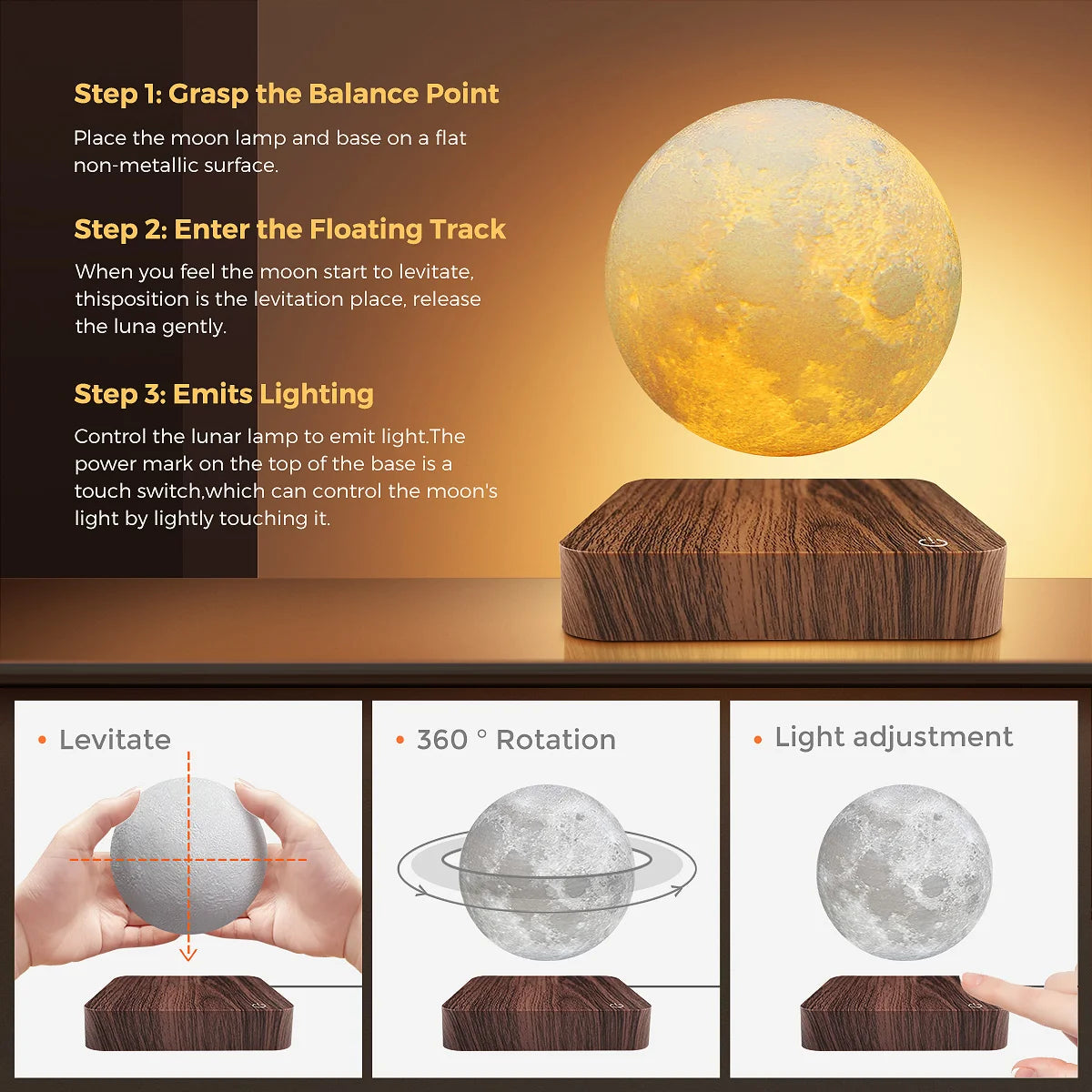 Mexllex Magnetic Floating Moon Lamp With Wooden Base And 3 Color Temp LEDs