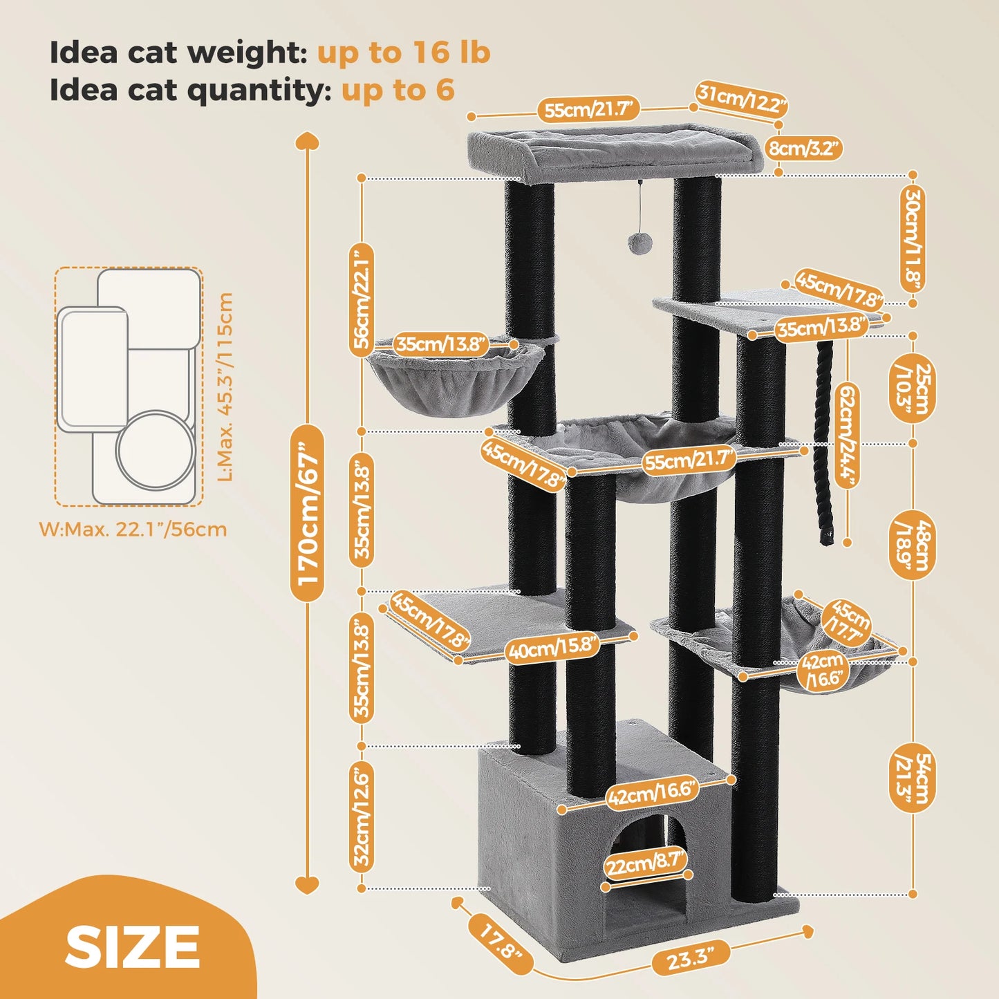 PAWZ Road Cat Tree Tower With Hammock And Multiple Levels
