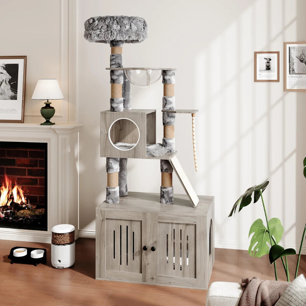 HiMISSCN Cat Tree With Litter Box Enclosure And Storage Cabinet