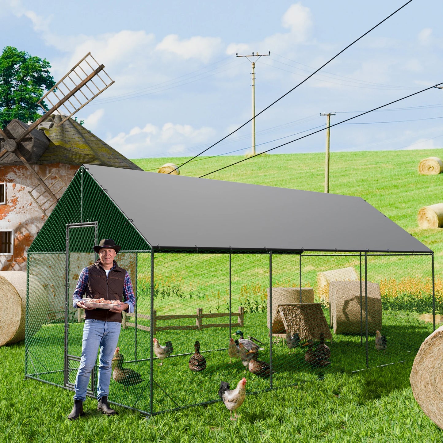 BINGOPAW Outdoor Walk In Metal Chicken Coop Run Pen Netting