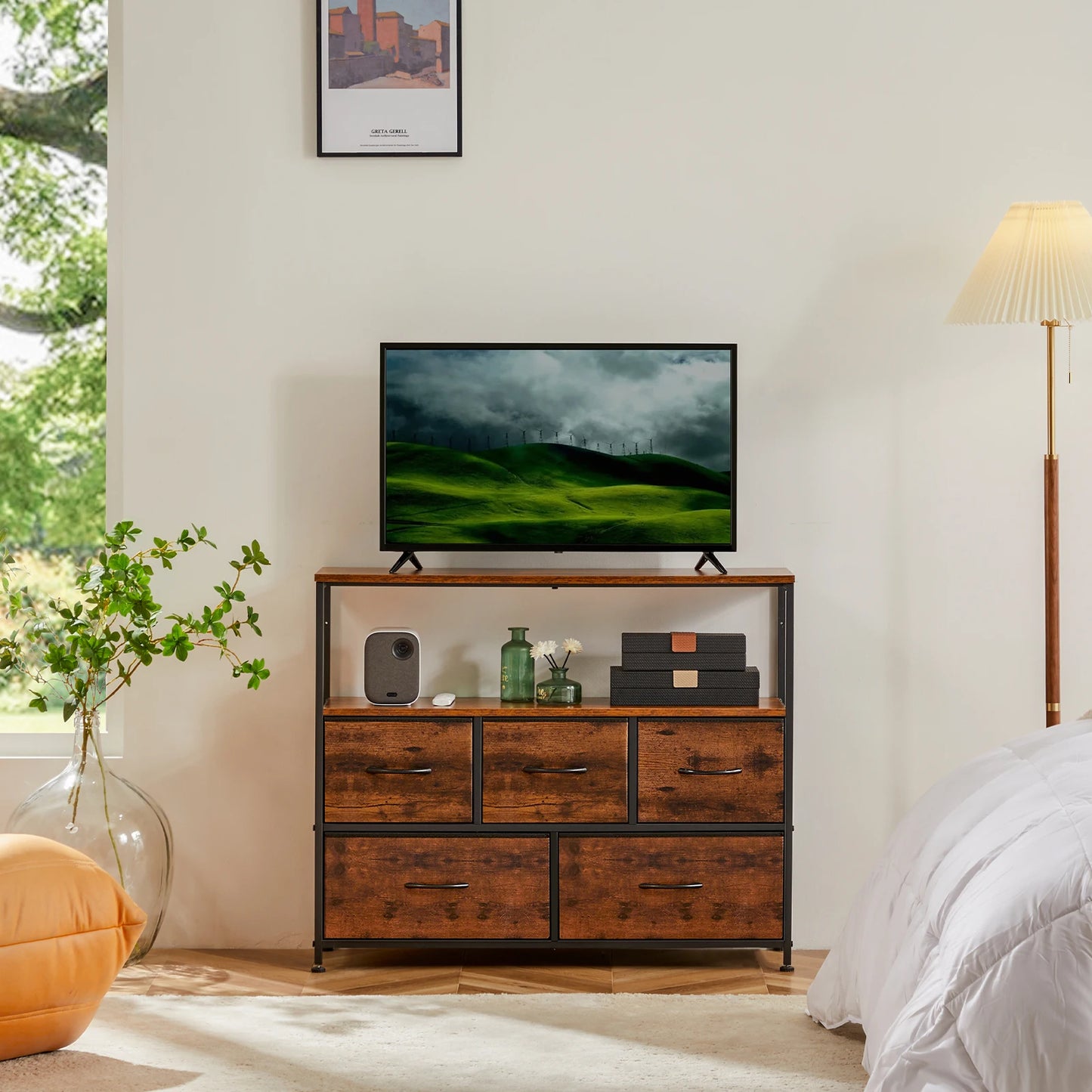 JHK Fireplace TV Stand Dresser With Five Fabric Drawers