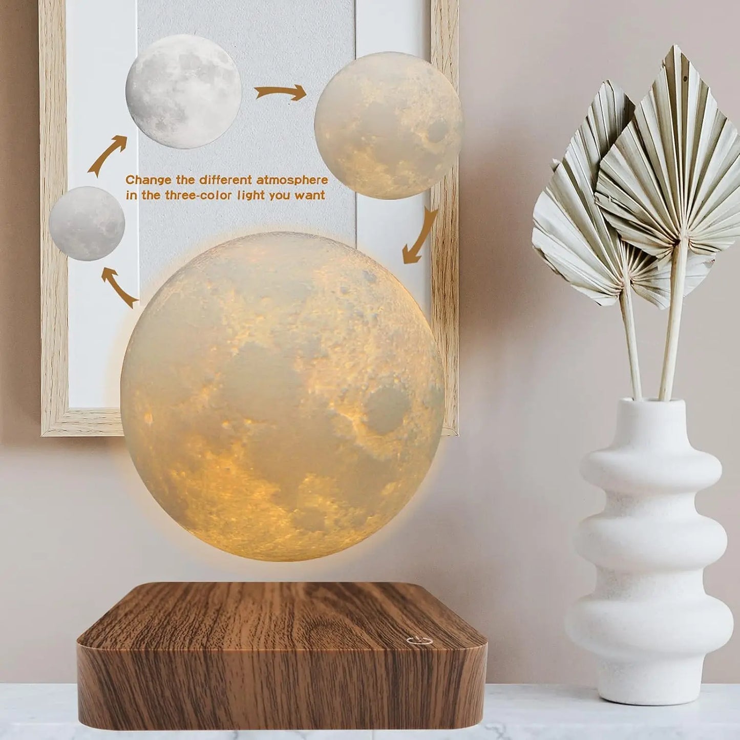 Mexllex Magnetic Floating Moon Lamp With Wooden Base And 3 Color Temp LEDs