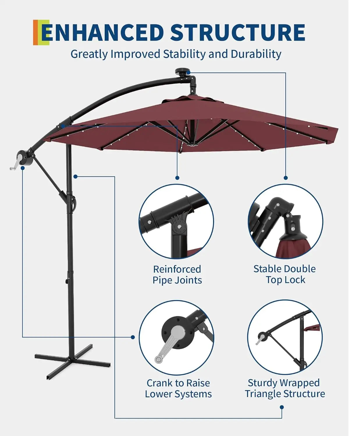 Cantilever Outdoor Umbrella With Solar LED Lights UV Protection